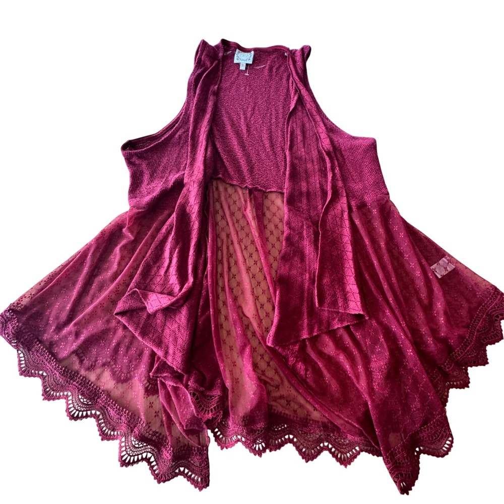 Tru Self Open Front Cardigan Vest Women Large Red Lace Trim Flowy Boho Romantic
